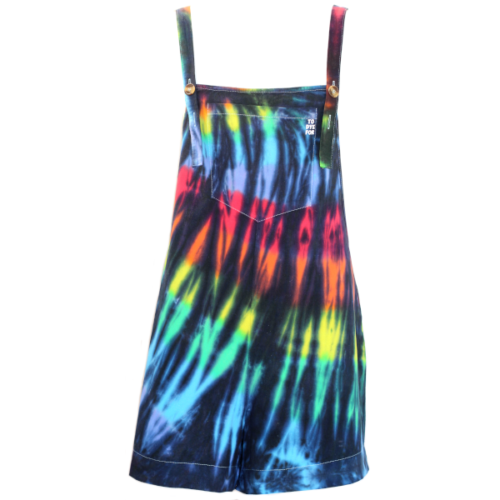 short dungarees in a black rainbow colourway on a whtie background