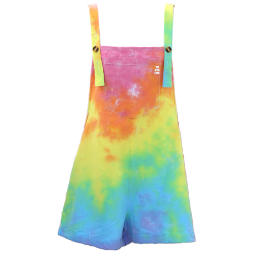 short dungarees in a pale rainbow colourway on a whtie background