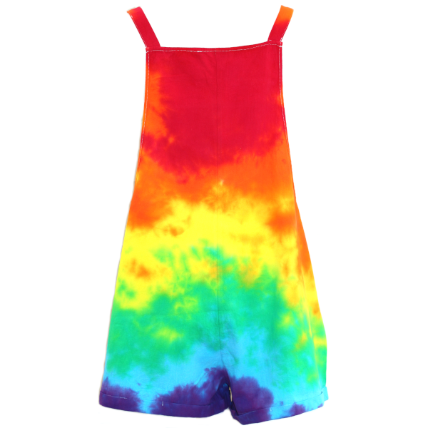 A rear view of short dungarees in a rainbow colourway on a whtie background