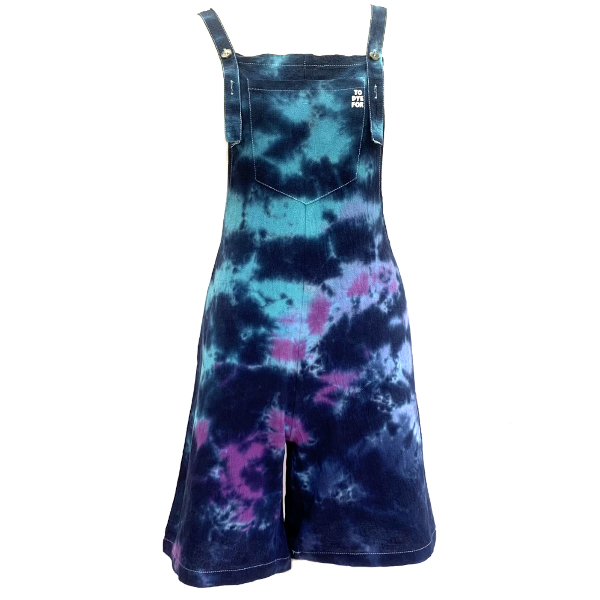 short dungarees in purple, teal, navy and black