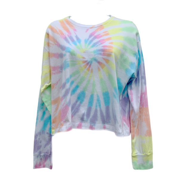 long sleeve t-shirt in a cropped box fit with a pastel rainbow tie dye swirl on it.