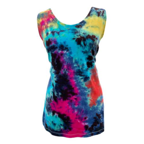 fitted vest with black, blue, red, yellow and pink all crashing into each other. The design is called cosmic crash