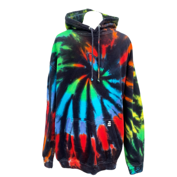 tie dye hoody with a rainbow and black design