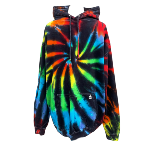 tie dye hoody with a rainbow and black design