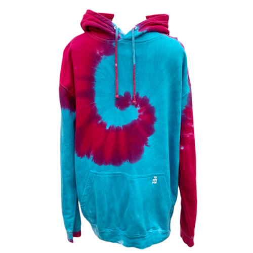 tie dye hoody with a jade and magenta swirl