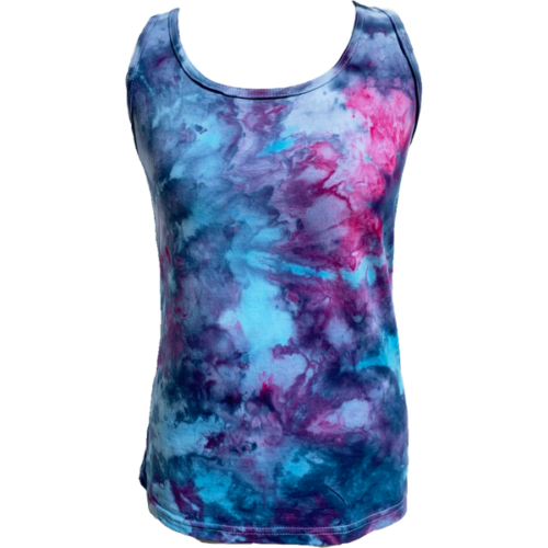 fitted vest with an ice dyed design using blues and purple