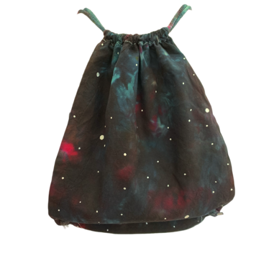 gym sack tie dyed to look like a nebula with hand painted stars