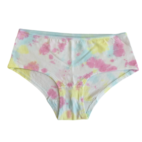 white knickers with pastel pink, yellow and blue flecks