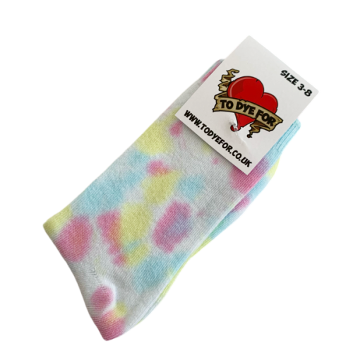 white socks with pastel pink, yellow and blue flecks