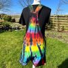 Short dungarees tie dyed in my black rainbow colourway with red, orange, yellow, green, turquoise and purple slashed with black.