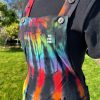 Short dungarees tie dyed in my black rainbow colourway with red, orange, yellow, green, turquoise and purple slashed with black.