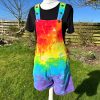 Short dungarees tie dyed in my rainbow colourway with red, orange, yellow, green, turquoise and purple.