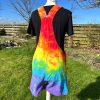 Short dungarees tie dyed in my rainbow colourway with red, orange, yellow, green, turquoise and purple.