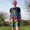 Short dungarees tie dyed in my black rainbow colourway with red, orange, yellow, green, turquoise and purple slashed with black.