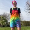 Short dungarees tie dyed in my rainbow colourway with red, orange, yellow, green, turquoise and purple.