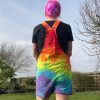Short dungarees tie dyed in my rainbow colourway with red, orange, yellow, green, turquoise and purple.