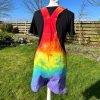 Short dungarees tie dyed in my rainbow colourway with red, orange, yellow, green, turquoise and purple.